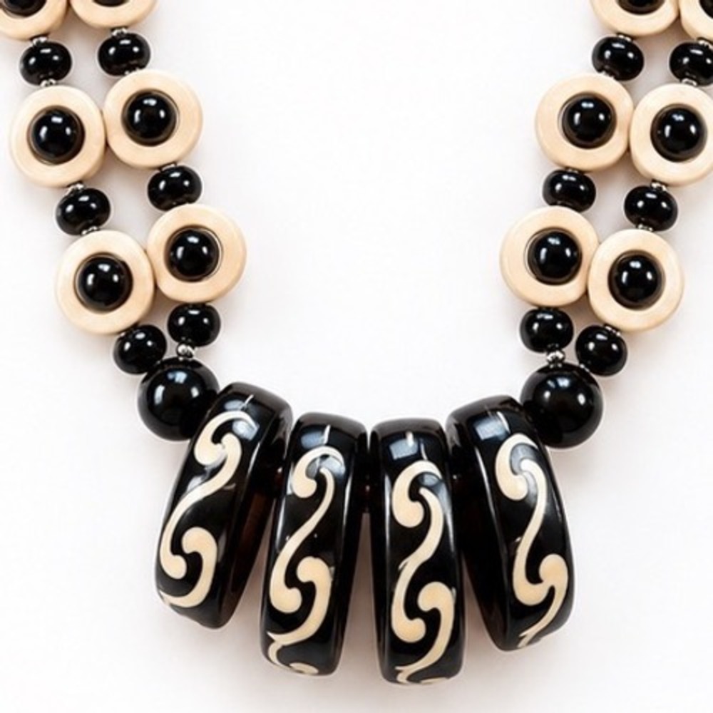 Tribal Scrollwork Necklace Eye Beads Double Strand Resin & Wood Bohemian